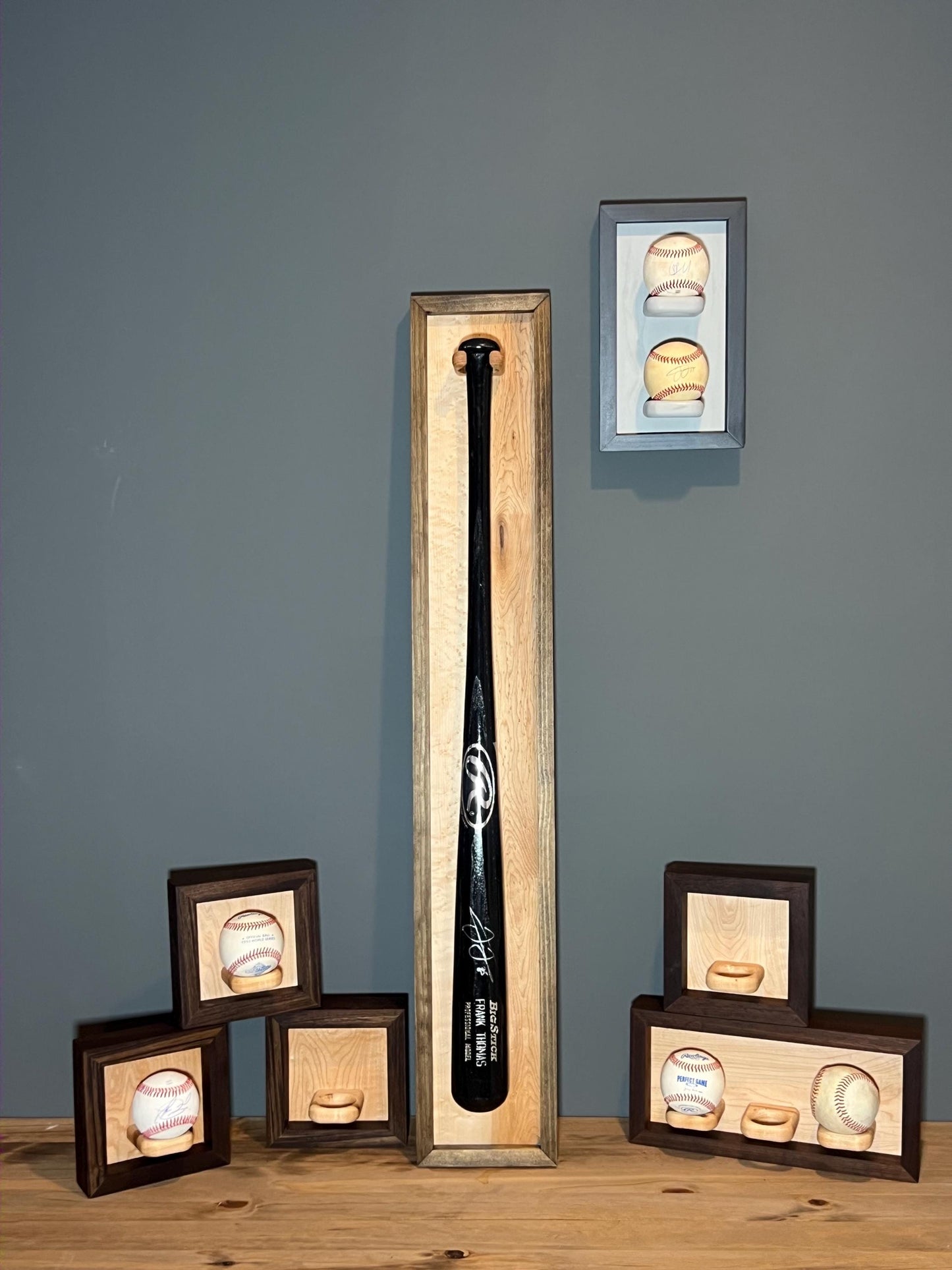 Triple Baseball Floating Display Shelf - Wall Mounted or Freestanding Display - Handmade with Solid Maple and Walnut Hardwood -Holds 3 Balls