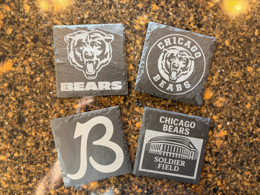 Chicago Bears and Soldier Field - 4” Slate Coasters - Set of Four - Optional Handmade Coaster Holder
