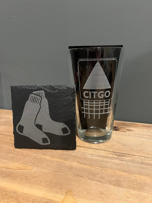 Boston Red Sox “Citgo Sign” Double sided Etched Pint Glass And Slate Coaster Set - Gift for Red Sox Fan