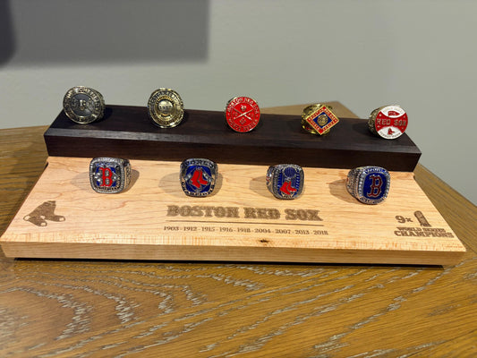 Boston Red Sox Replica World Series Championship Ring Set with Custom Engraved Maple/Walnut Display
