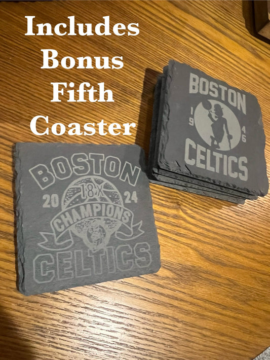 Boston Celtics - 4 Pack Slate Coasters Set - Gift for Celtics Fan -  Now Includes Bonus 5th Coaster to Commemorate 18th Championship!