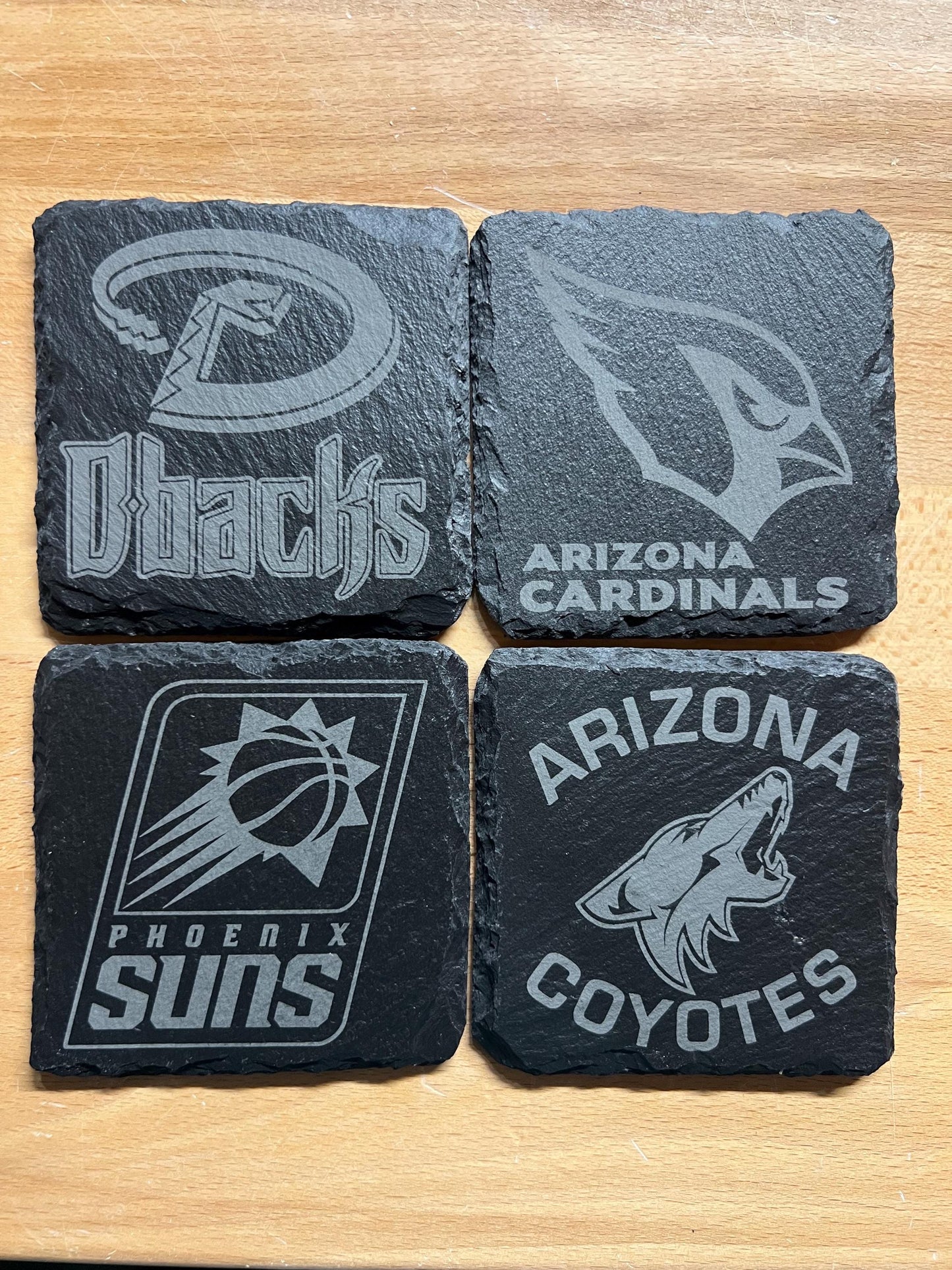 Arizona / Phoenix Sports - Cardinals, Suns, Diamondbacks, Coyotes -  4” Slate Coasters - Set of Four Coasters - Optional Coaster Holder
