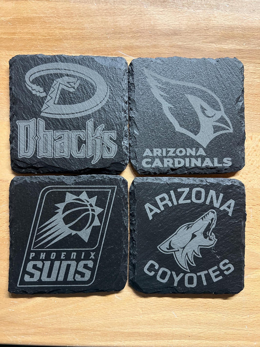Arizona / Phoenix Sports - Cardinals, Suns, Diamondbacks, Coyotes -  4” Slate Coasters - Set of Four Coasters - Optional Coaster Holder
