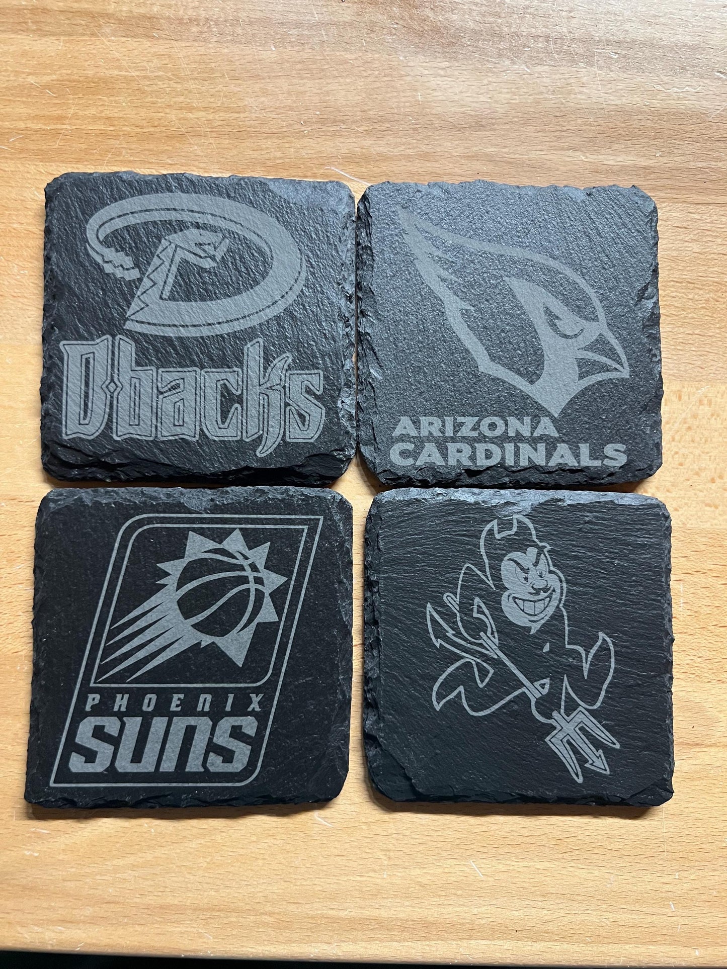 Arizona / Phoenix Sports - Cardinals, Suns, Diamondbacks, Coyotes -  4” Slate Coasters - Set of Four Coasters - Optional Coaster Holder